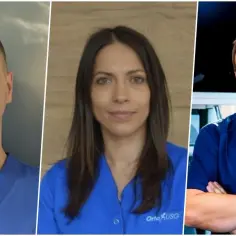 Trzy portrety lekarzy w niebieskich uniformach medycznych.