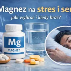 Biała butelka z magnezem, szklanka wody, tabletki i śpiący mężczyzna.
